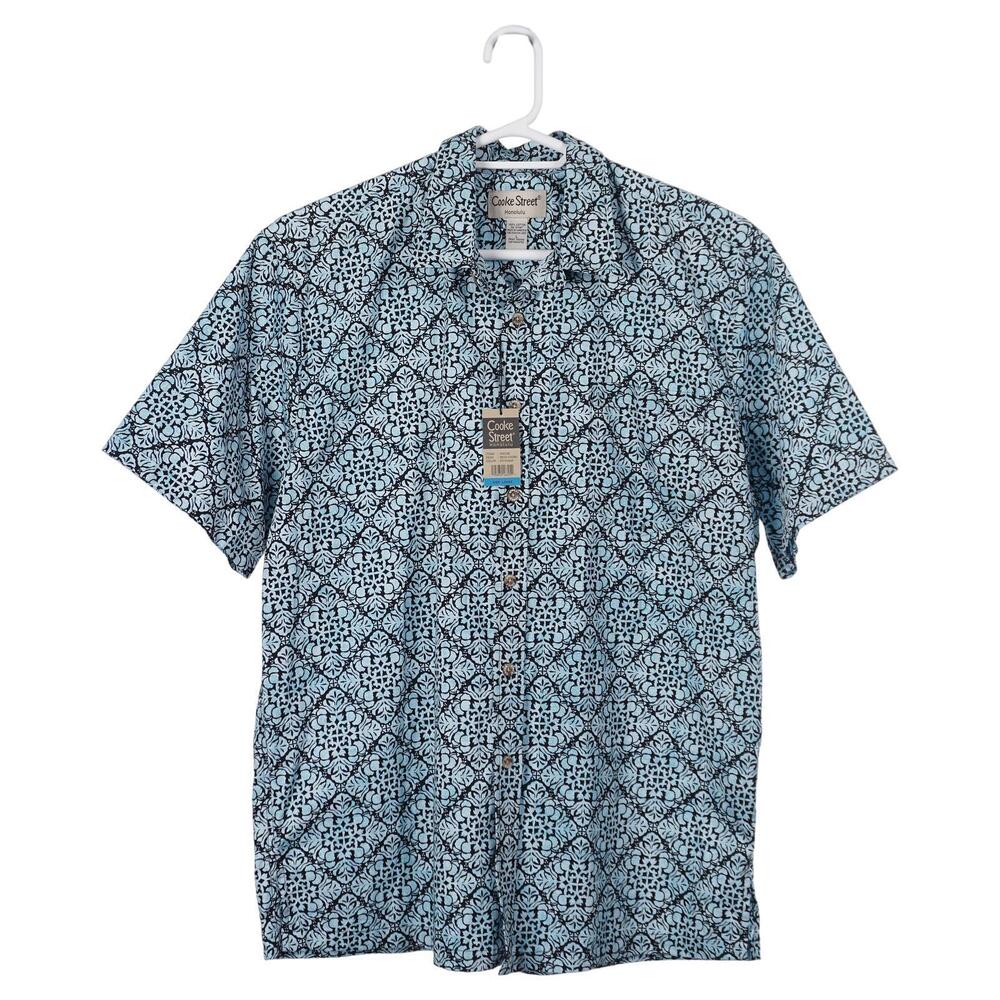 NWT Cooke Street Hawaiian Shirt L Blue Black AOP Short Sleeve Button Up Cotton